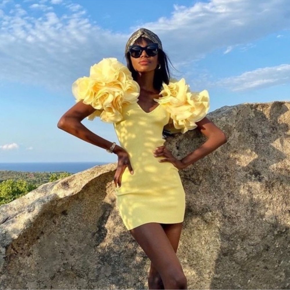 Zara Yellow Mini Dress with Floral Sleeves